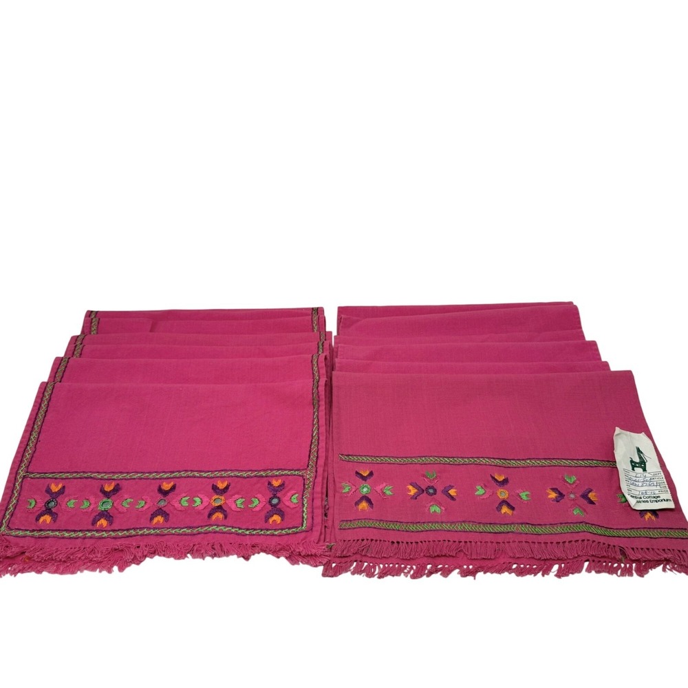 Placemats Set 12 Pink Embroidered Cotton Boho Handmade Fringe Ethnic Table Decor